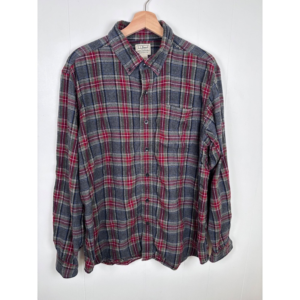 L.L.Bean Flannel Shirt Traditional Fit Gray Plaid Button Up Long Sleeve Large